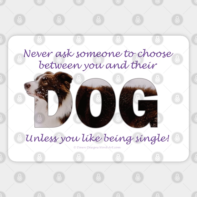 Never ask someone to choose between you and their dog unless you like being single - brown and white collie in snow oil painting word art Magnet by DawnDesignsWordArt